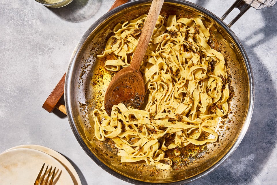 Homemade Pasta with Sage Butter being cooked in a pan