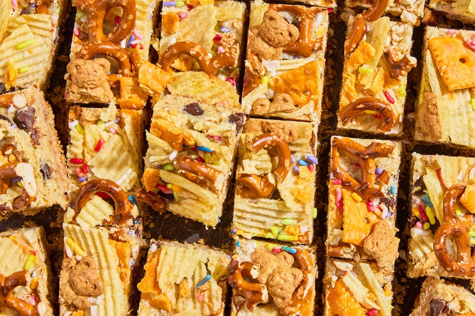 Kitchen Sink Cookie Bars photographed from overhead after being cut