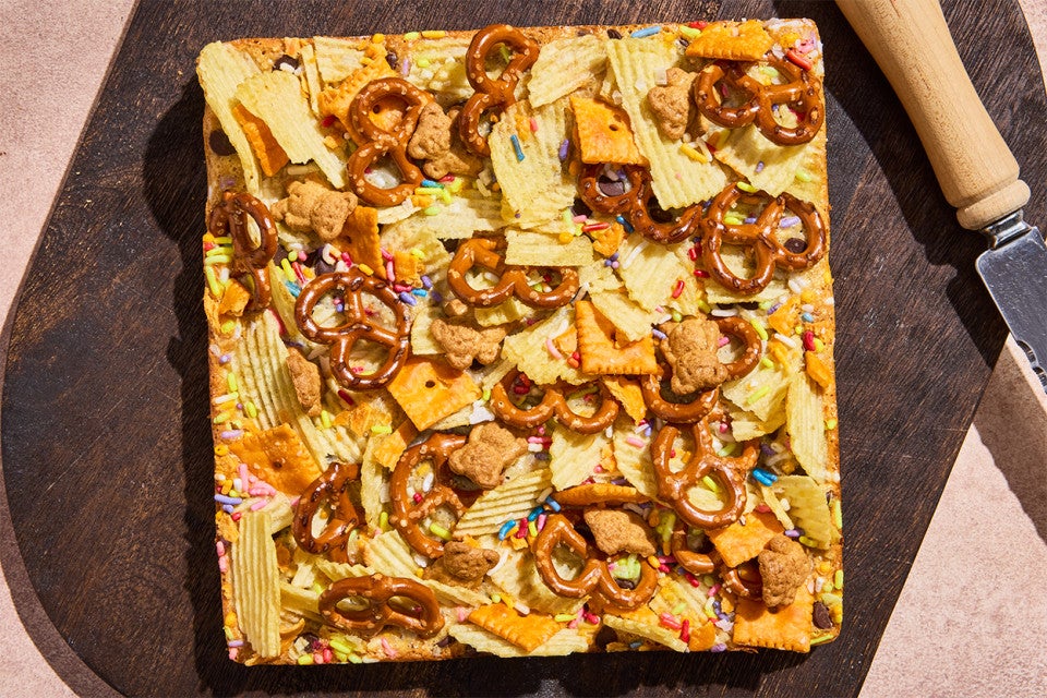 Kitchen Sink Cookie Bars photographed overhead before being cut