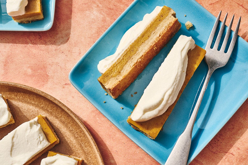 Pumpkin Pie Bars sliced up on a plate
