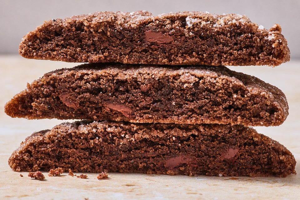 Cross section photograph of soft chocolate cookies.