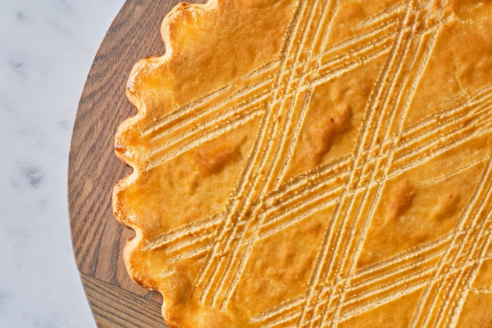 Broyé Du Poitou shortbread from above with scoring across the top.