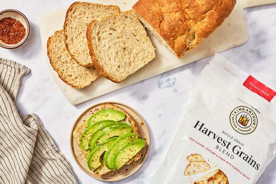 Clay's Multigrain Sourdough with King Arthur Baking Harvest Grains shown.