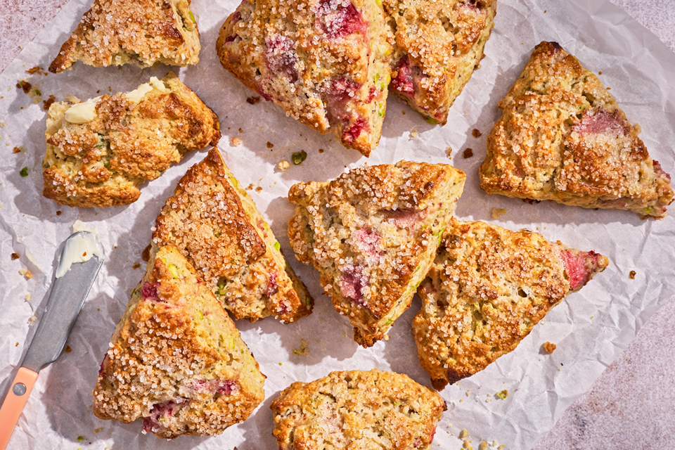 10 Roasted Strawberry and Pistachio Scones on a baking sheet looking at the top
