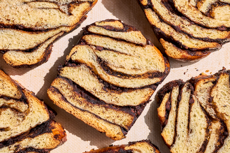 Sliced Chocolate Sourdough Babka on a counter.