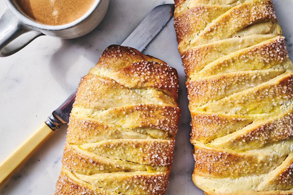 Two loaves of Cheese Filled Sweet Braid on a counter seen from above.