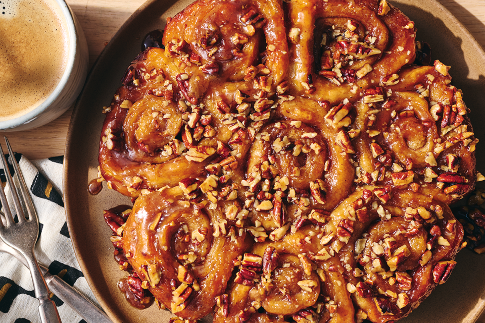 Sticky Buns seen from above showing caramelized topping and nuts.