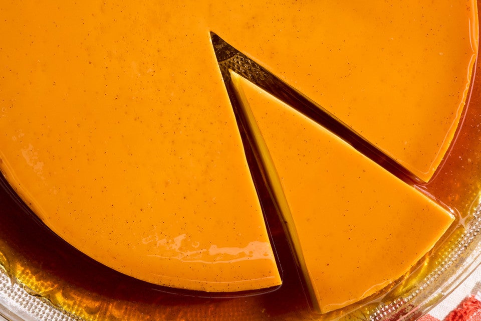 Close up of a slice of flan seen from above.