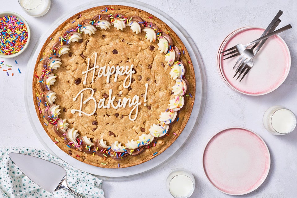 Chocolate Chip Cookie Cake on a counter.