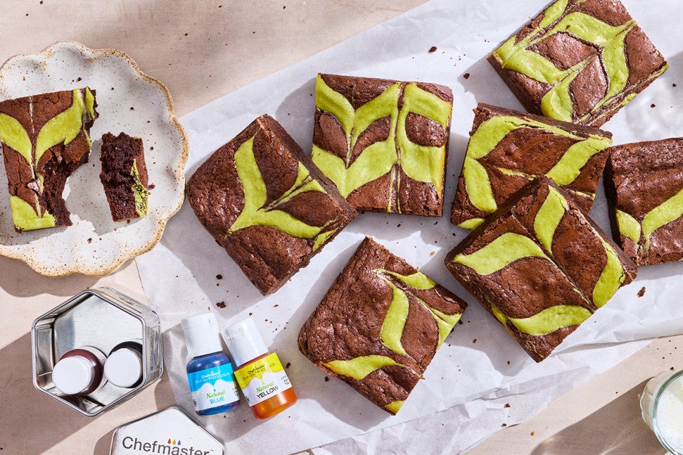 Mint Brownies arranged on a counter.