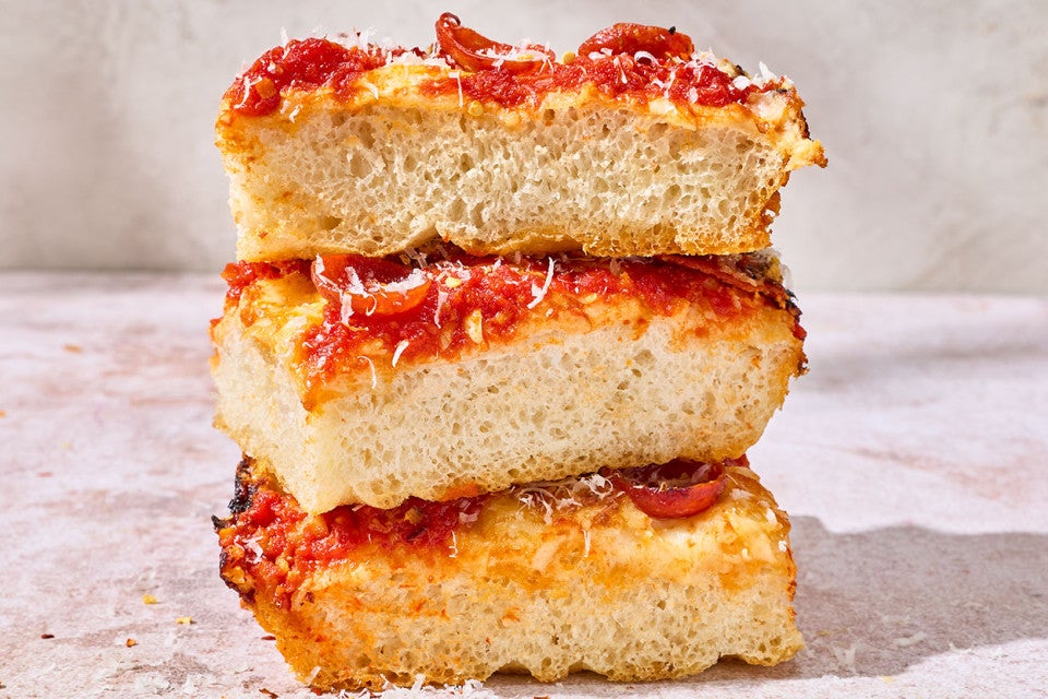 Stacked slices of Weeknight Detroit Pizza.