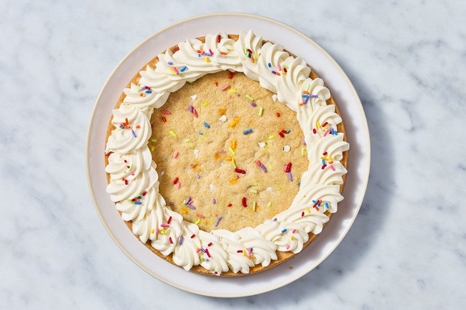 Confetti Sugar Cookie Cake on a marble counter