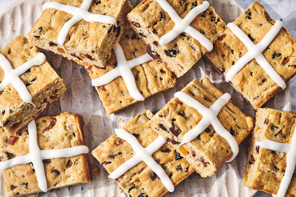 Gluten Free Hot Cross Biscuits arranged on a countertop