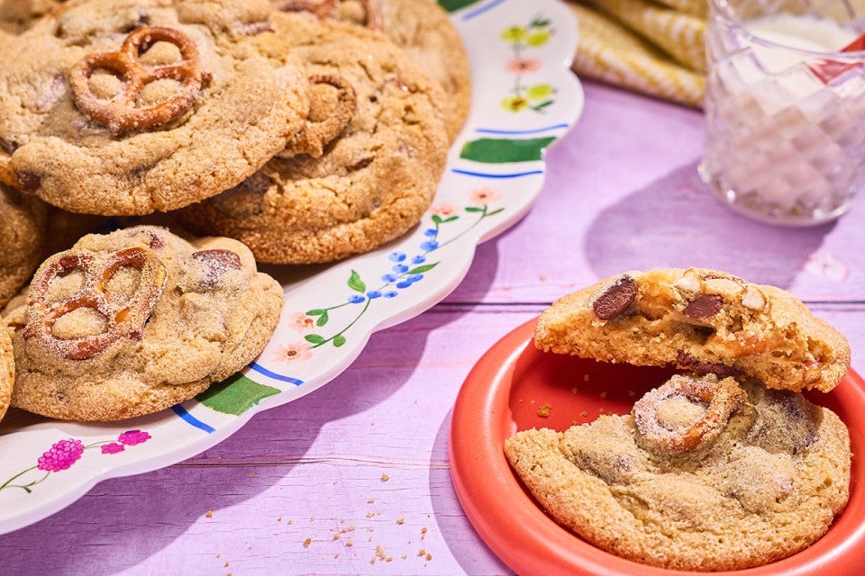 Malted Peanut Butter Chocolate Chip Cookies on a counter
