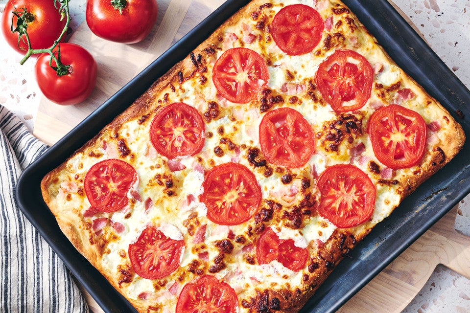 BLT Pizza fresh out of the oven in a sheet tray