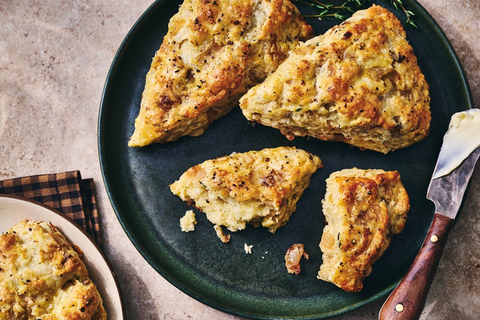French Onion Scones on a dark plate