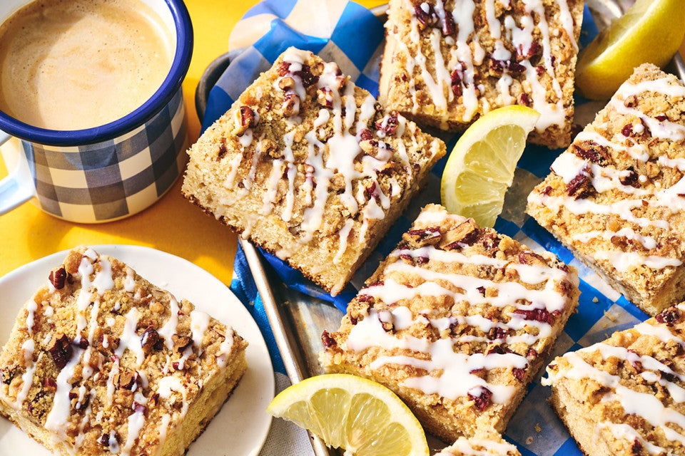 Lemon Streusel Coffee Cake arranged on a counter