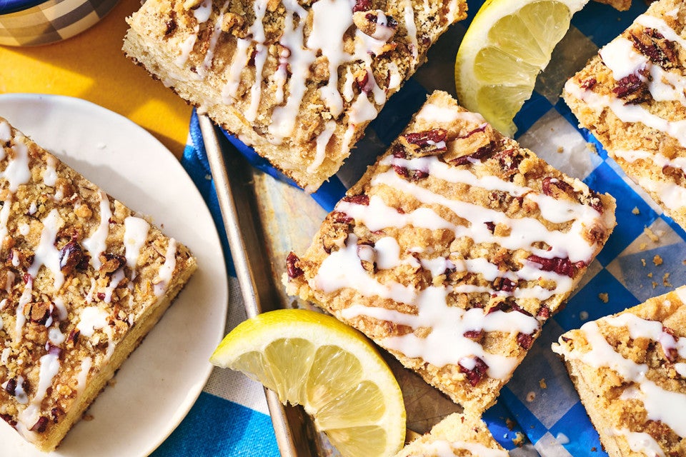 Lemon Streusel Coffee Cake arranged on a counter