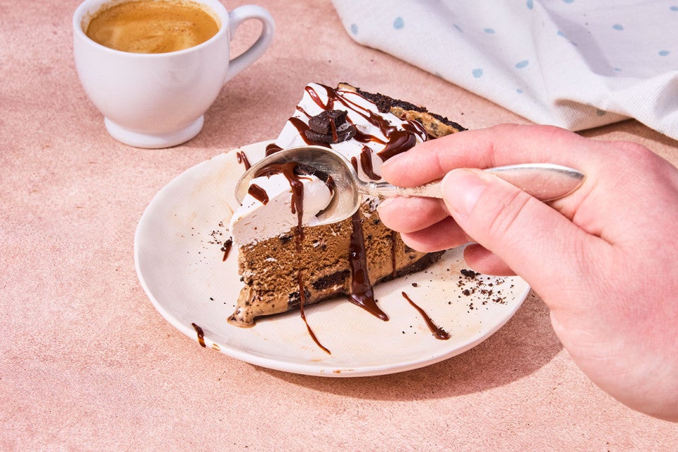 Scooping a bite of Mocha Madness Ice Cream Pie