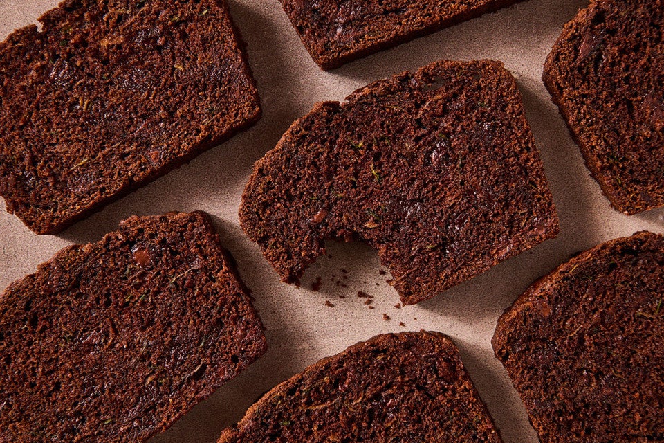 Slices of Double Chocolate Zucchini Bread neatly arranged and seen from above