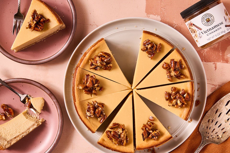 Maple Pecan Cheesecake sliced neatly and seen from above