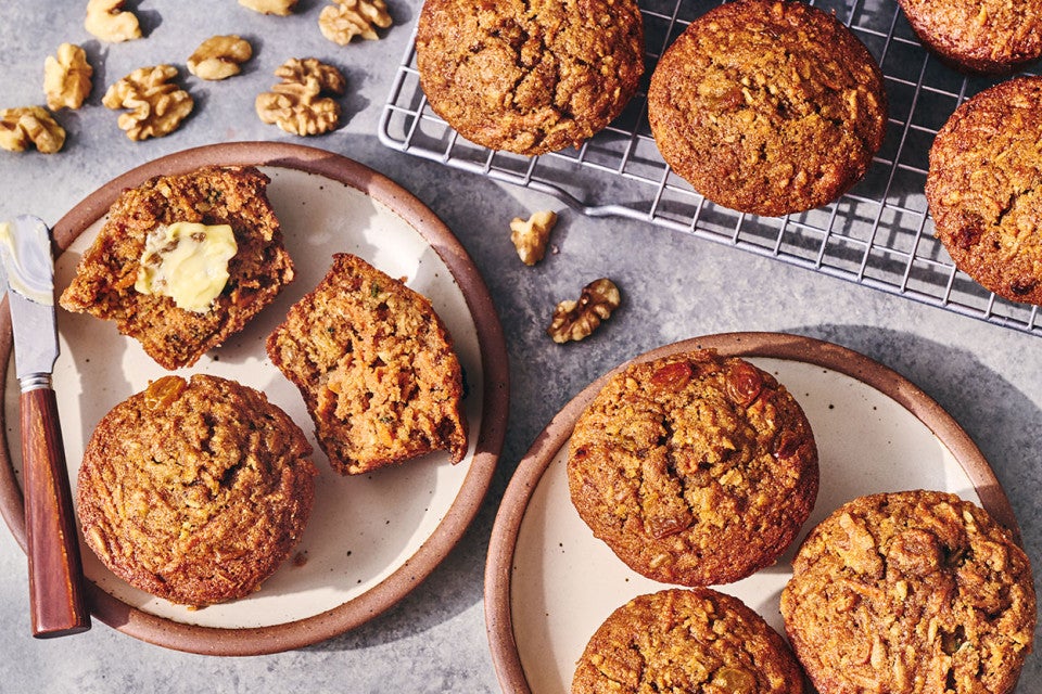 Morning Glory Muffins on plates and a baking rack