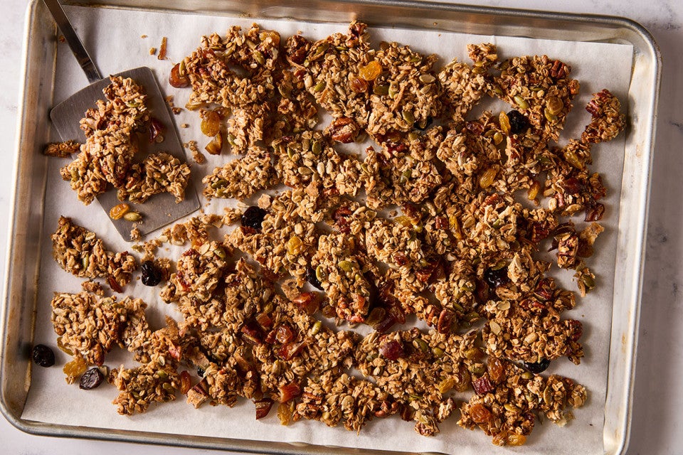 Sourdough Granola on a baking sheet