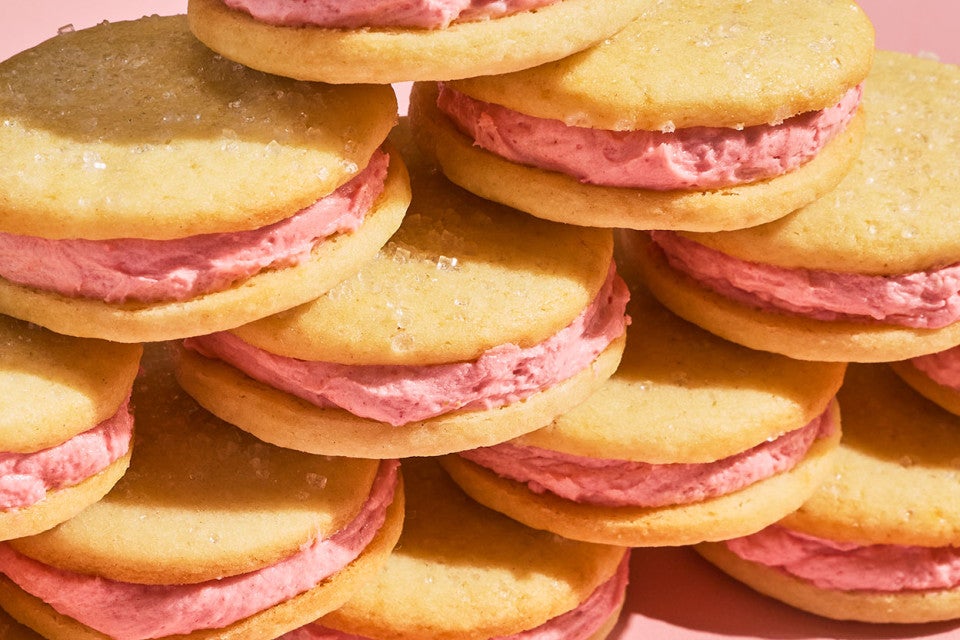 Strawberry Shortcake Cookies stacked together seen from the side