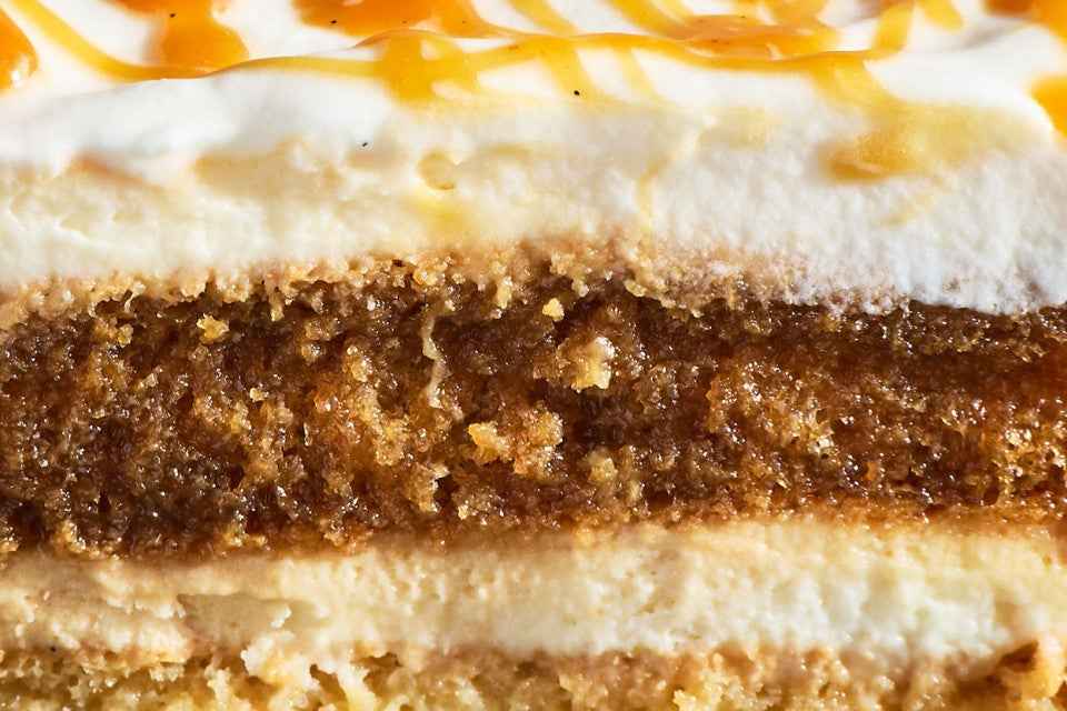 A close up view of the layers in a Caramel Macchiato Tiramisu