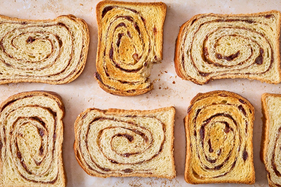 Sourdough Cinnamon Swirl Bread arranged on a counter seen from above