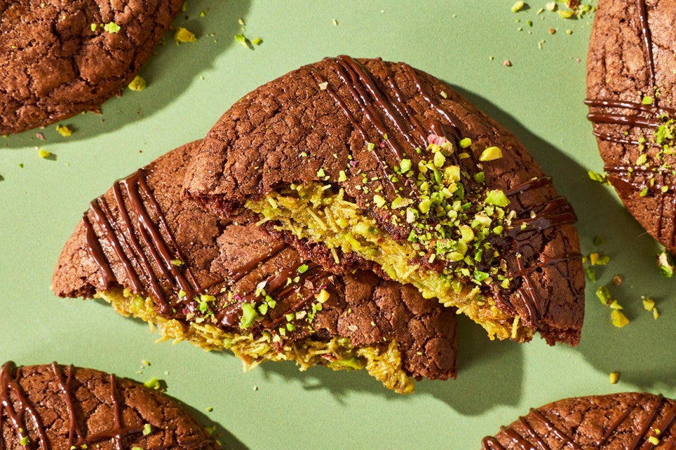 Dubai Chocolate Cookies broken to show the pistachio filling