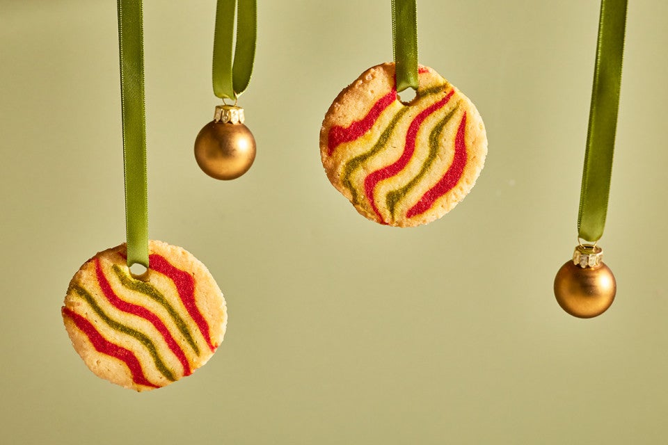 Ribboned Peppermint Shortbread Cookies and bells hanging from green ribbons