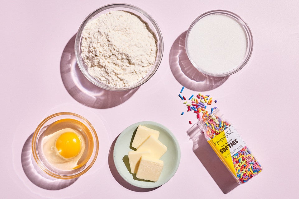 The ingredients to make Sprinkle Crinkle Cookies
