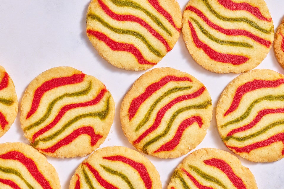Ribboned Peppermint Shortbread Cookies on a white counter