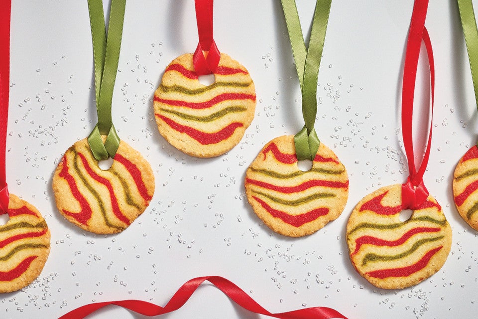 Ribboned Peppermint Shortbread Cookies hanging from ribbons