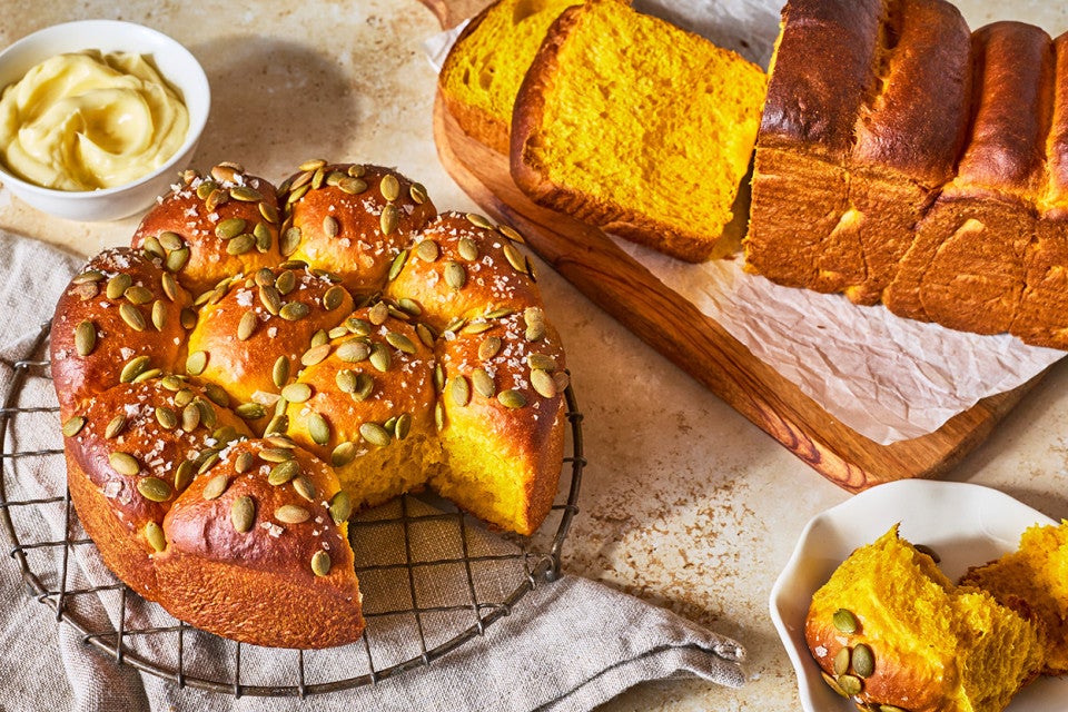 Pumpkin Milk Bread as rolls and a loaf of bread