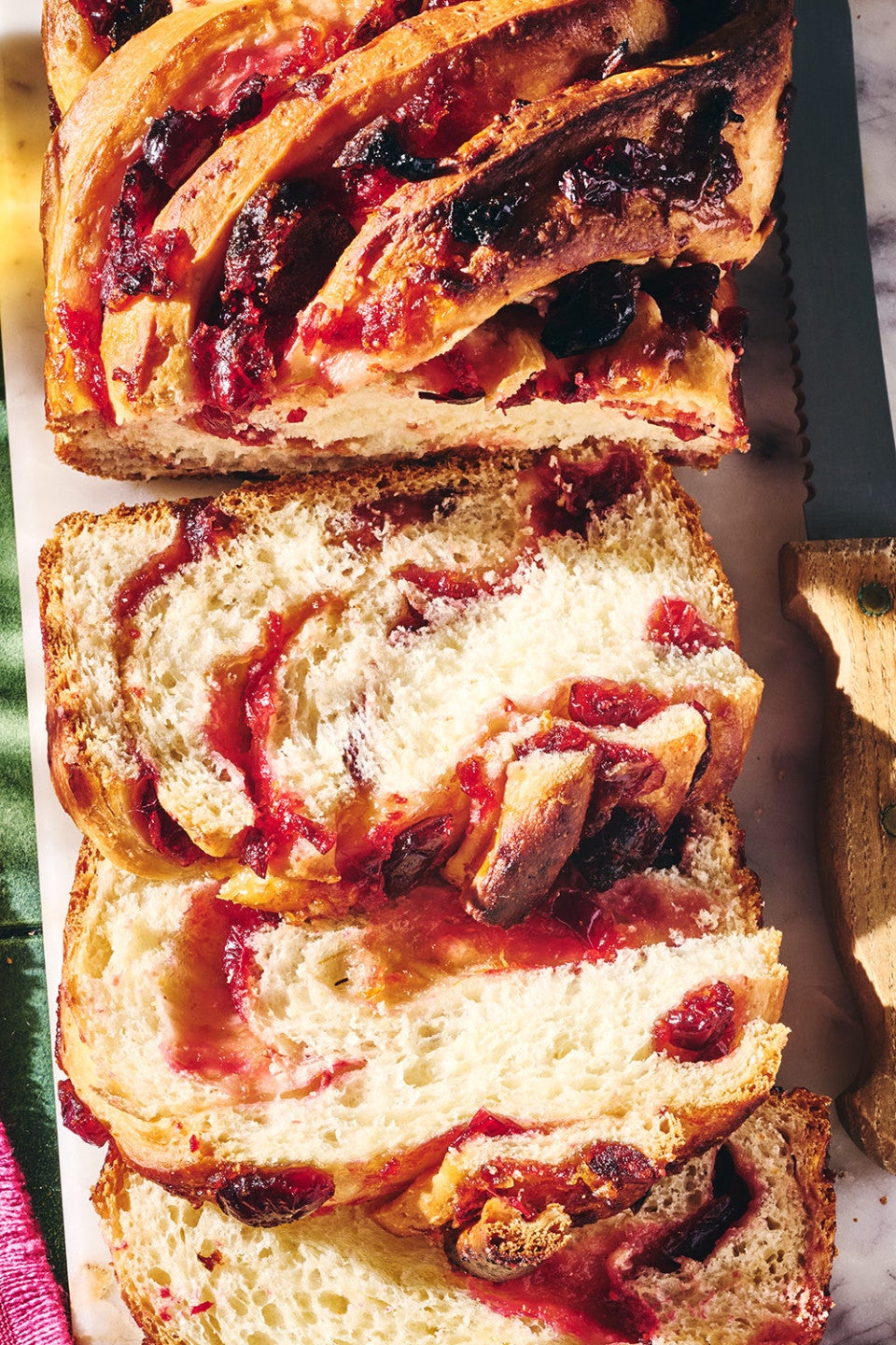 Cranberry Orange Babka sliced and seen from above