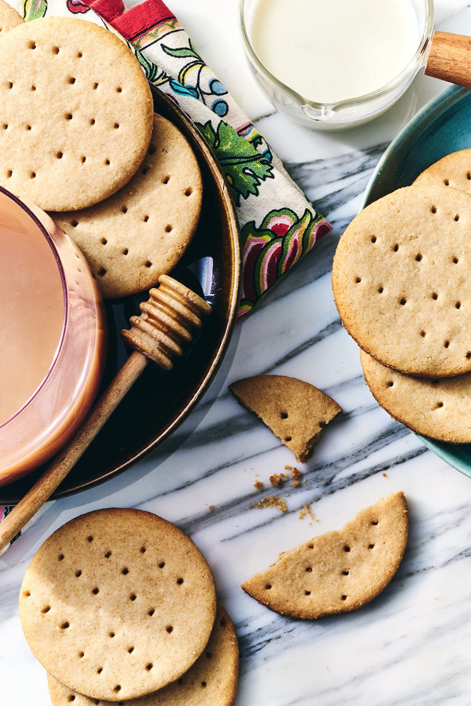 Digestive Tea Biscuits arranged on a marble counter