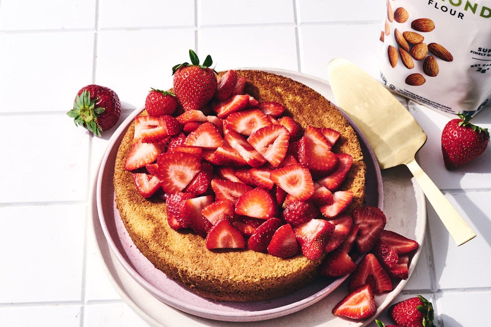 Strawberry Almond Flour Cake seen from above