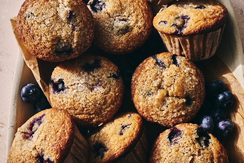 Whole Wheat Blueberry Muffins seen from above