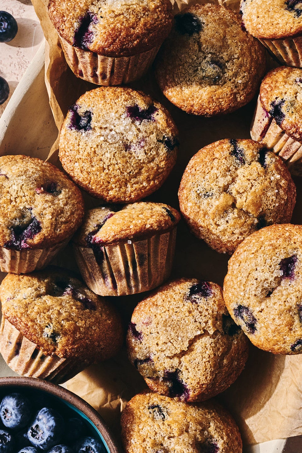 Whole Wheat Blueberry Muffins seen from above