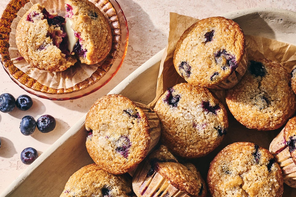Whole Wheat Blueberry Muffins seen from above
