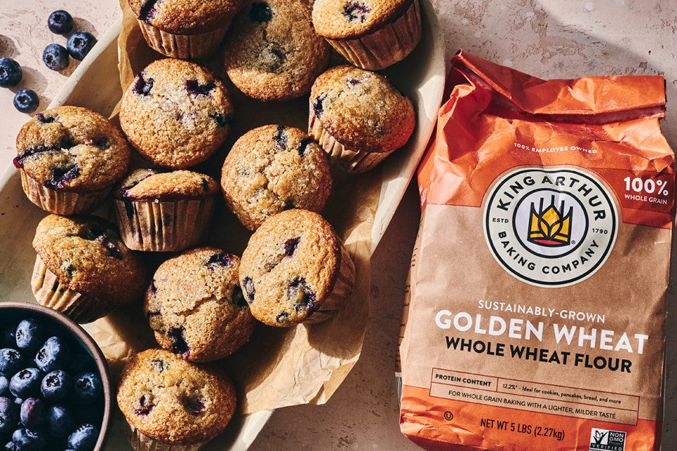 Whole Wheat Blueberry Muffins and a bag of King Arthur Flour Golden Wheat Flour