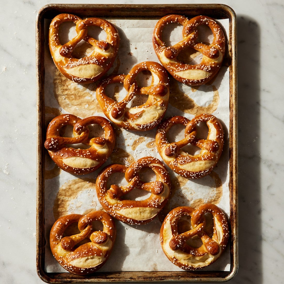 Pretzels on baking sheet