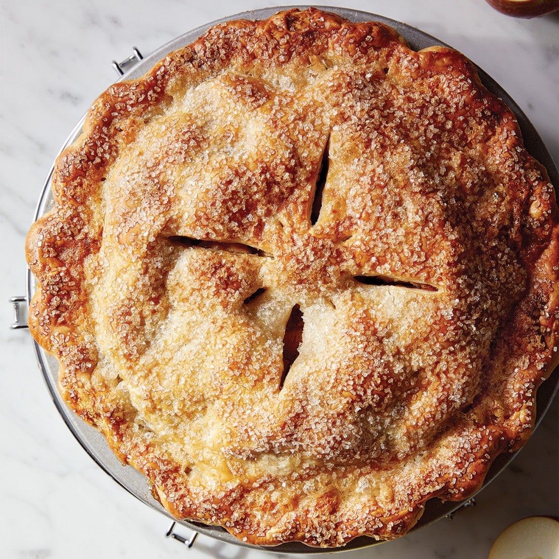 Beautiful apple pie shown from the top down with pie crust