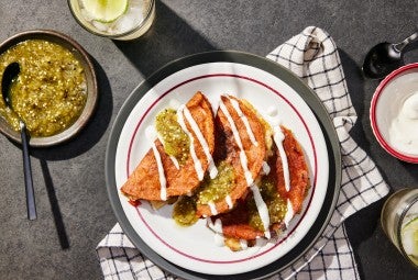 Tacos Rojos (Red Tacos) with Queso Fresco and Salsa Verde