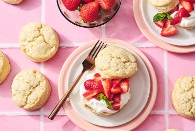 Self-Rising Cream Biscuits made into a shortcake topped with strawberries and whipped cream