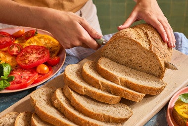Slices of Seeded Multigrain Sourdough Bread on a cutting board