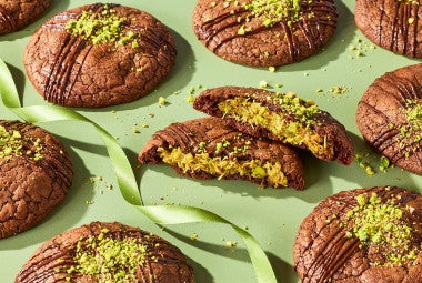 Dubai Chocolate Cookies on a green festive background