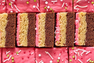 Neapolitan Sugar Cookie Bars arranged in a tight pattern seen from above